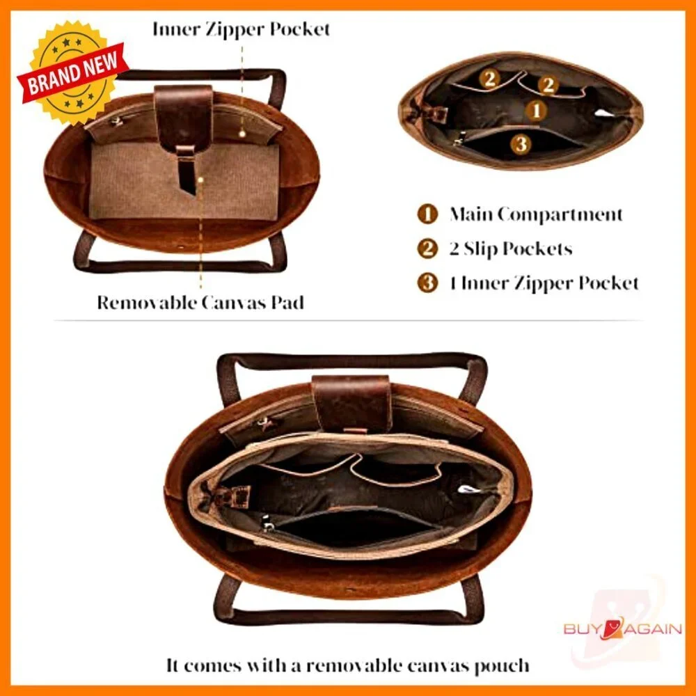 Large Genuine Leather Tote Bag with Removable Organizer for Work